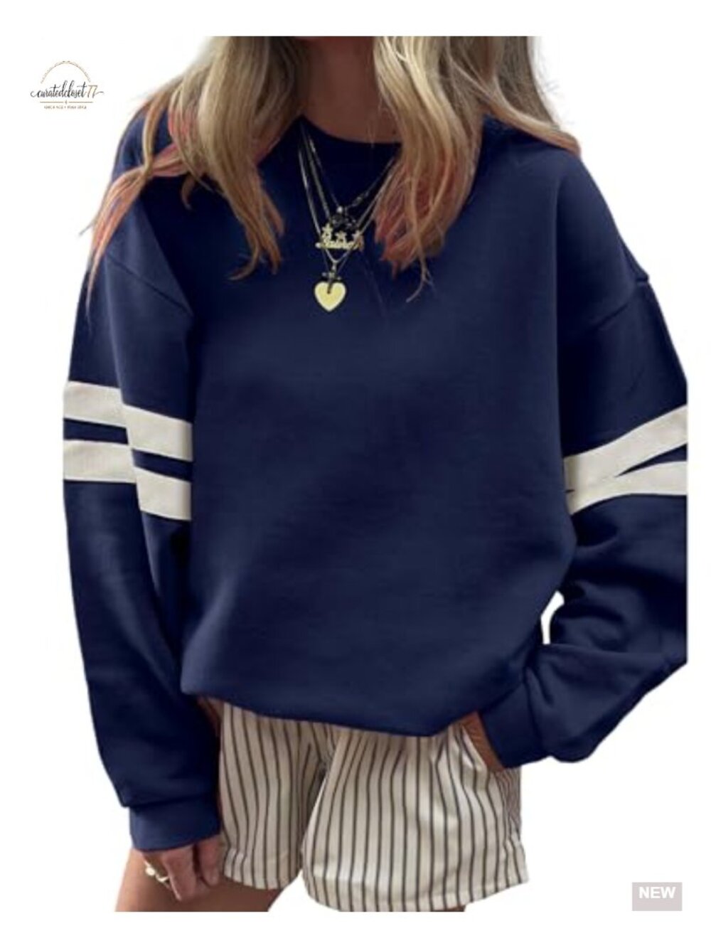 Varsity Striped Drop Shoulder Crewneck Sweatshirt Oversized Pullover